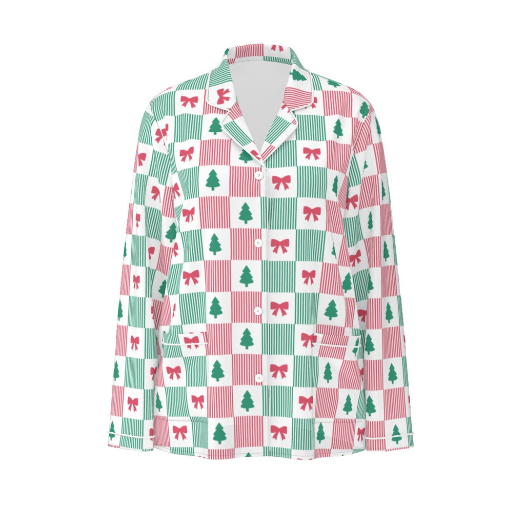 Women's Christmas Patchwork Bow & Tree Silky Long Sleeve Pajama Set