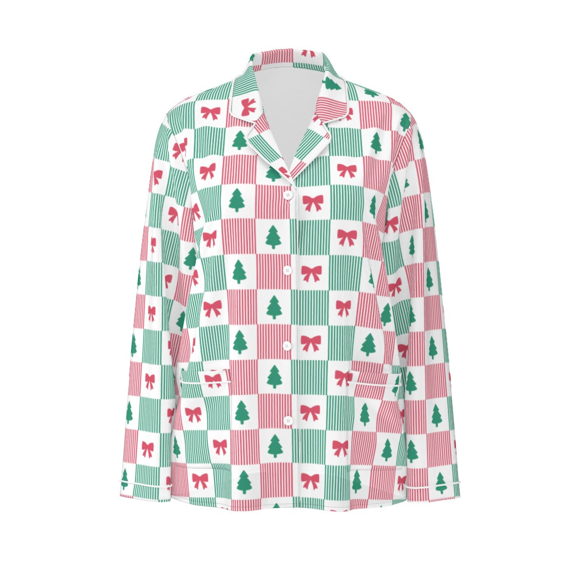 Women's Christmas Patchwork Bow & Tree Silky Long Sleeve Pajama Set