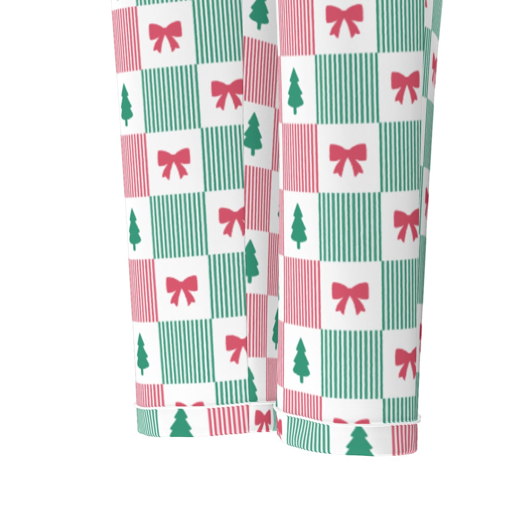 Women's Christmas Patchwork Bow & Tree Silky Long Sleeve Pajama Set