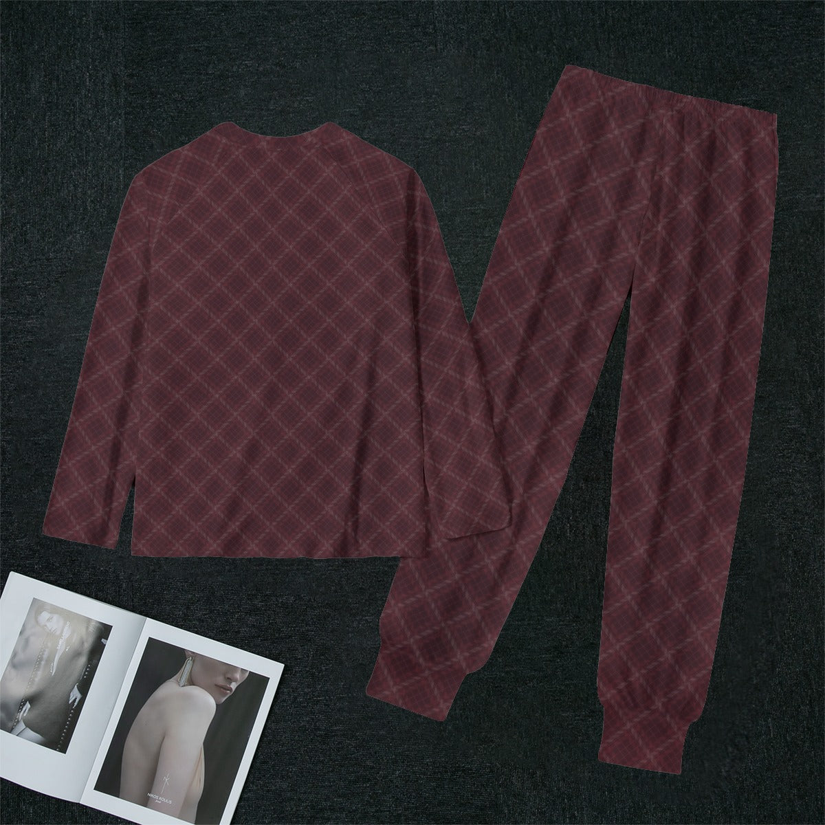 Women's Burgundy Plaid Teddy Bear Soft-Touch Long Sleeve Pajama Set