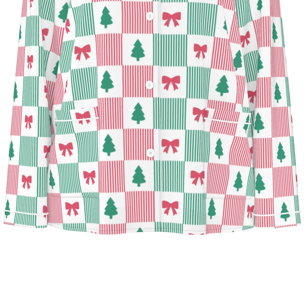 Women's Christmas Patchwork Bow & Tree Silky Long Sleeve Pajama Set