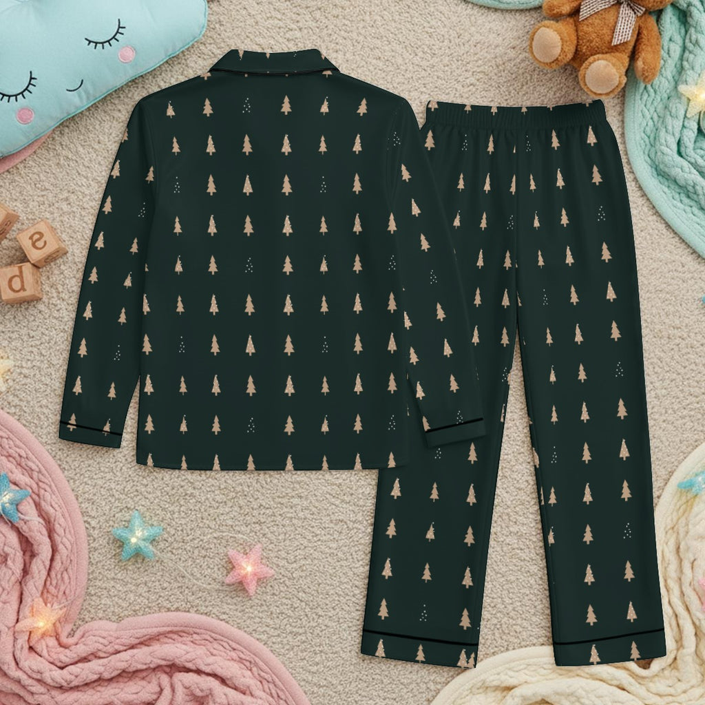 Kids Forest Green Christmas Tree Silky Long Sleeve Pajama Set
