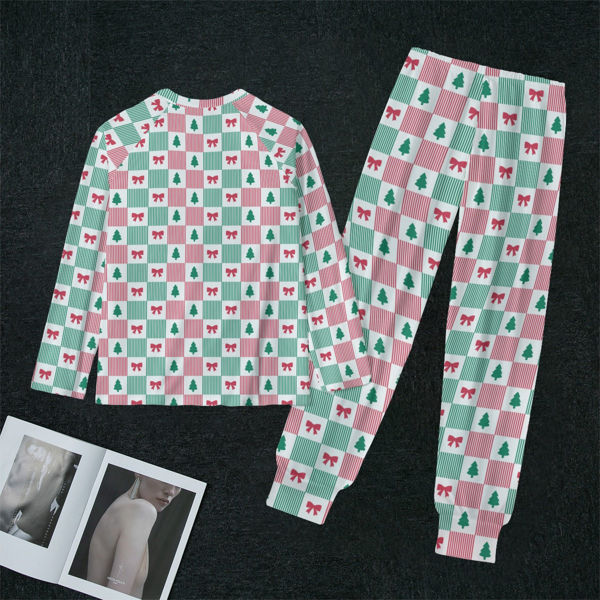 Women's Christmas Patchwork Bow & Tree Soft-Touch Long Sleeve Pajama Set