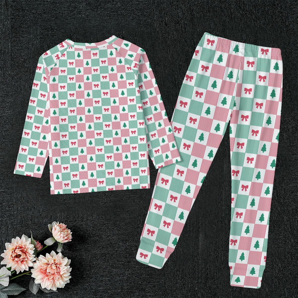 Kids Christmas Patchwork Bow & Tree Soft-Touch Long Sleeve Pajama Set