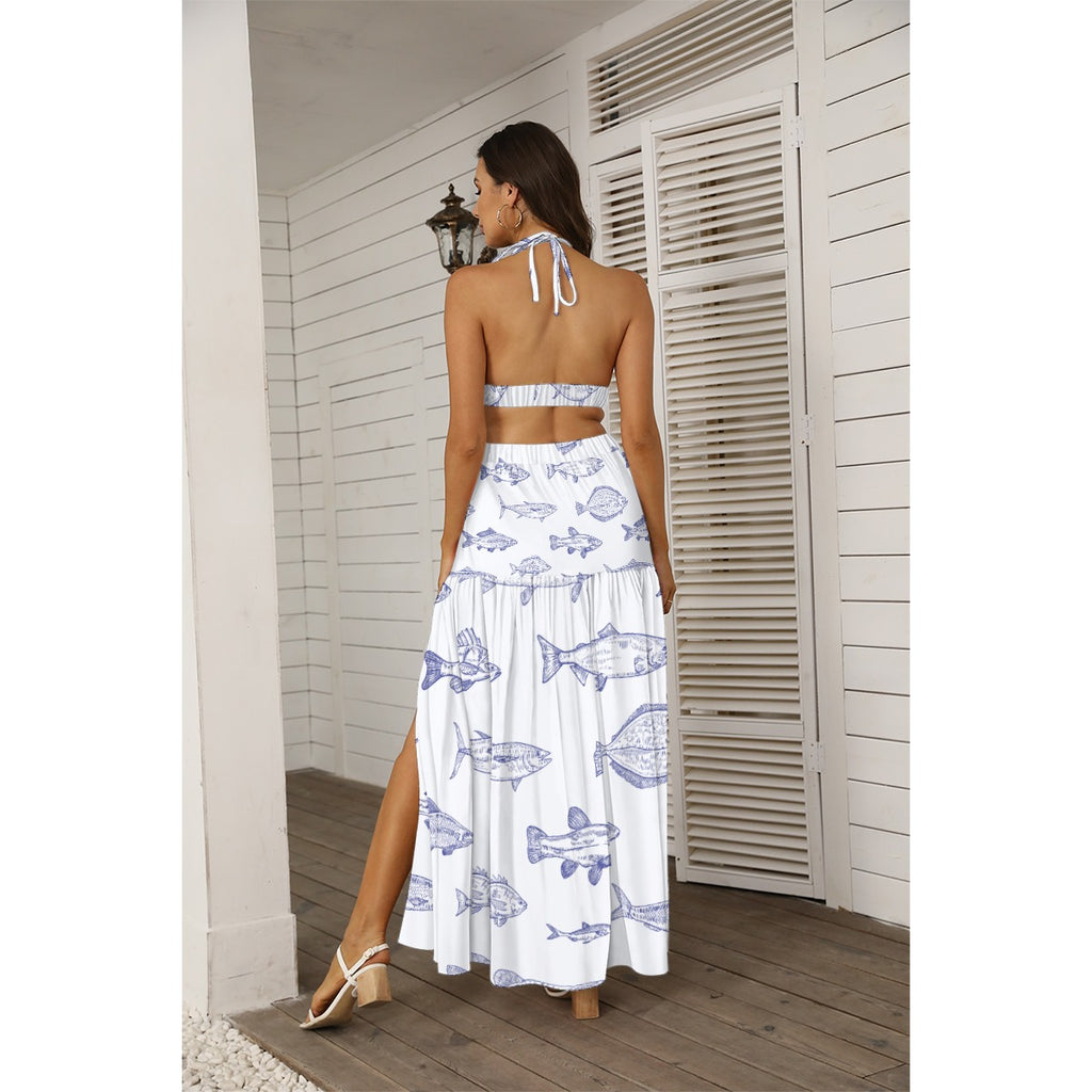 Fish Print Two Piece Dress Set – Women’s Halter Top & Skirt, Backless Summer Vacation Outfit