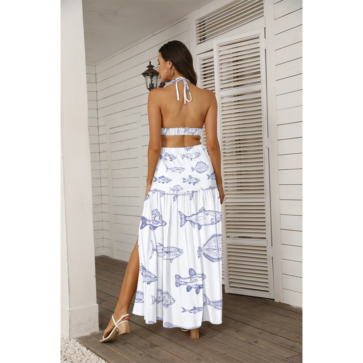 Fish Print Two Piece Dress Set – Women’s Halter Top & Skirt, Backless Summer Vacation Outfit
