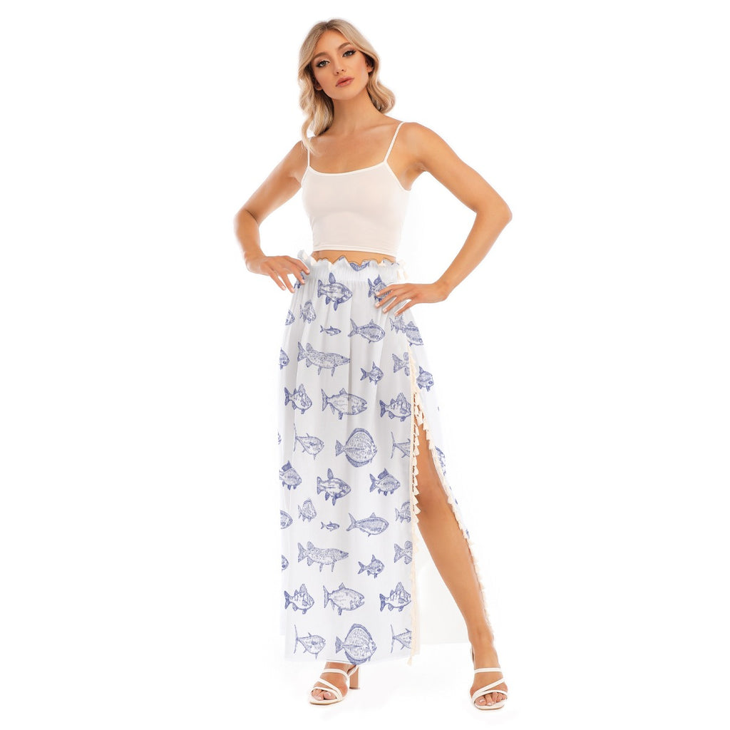Fish Print Beach Skirt – Women’s Side Split Swim Cover Up, Coastal Vacation Resort Skirt