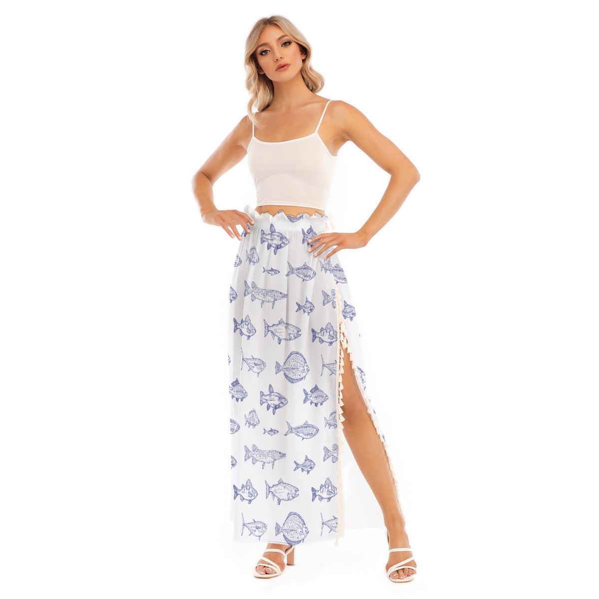 Fish Print Beach Skirt – Women’s Side Split Swim Cover Up, Coastal Vacation Resort Skirt