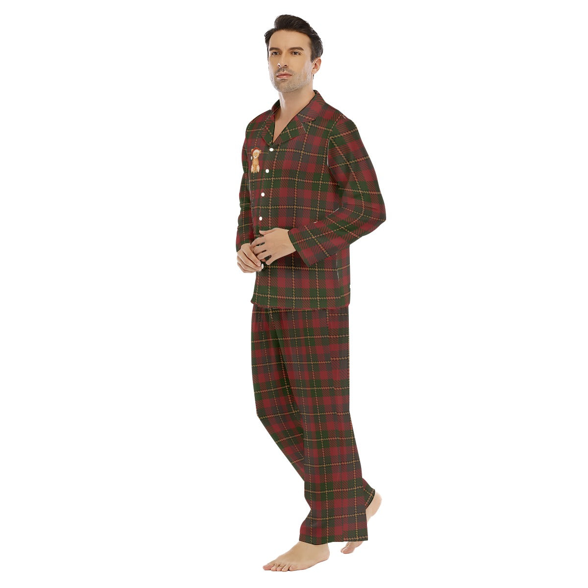 Men's Red & Green Christmas Plaid Teddy Bear Long Sleeve Pajama Set