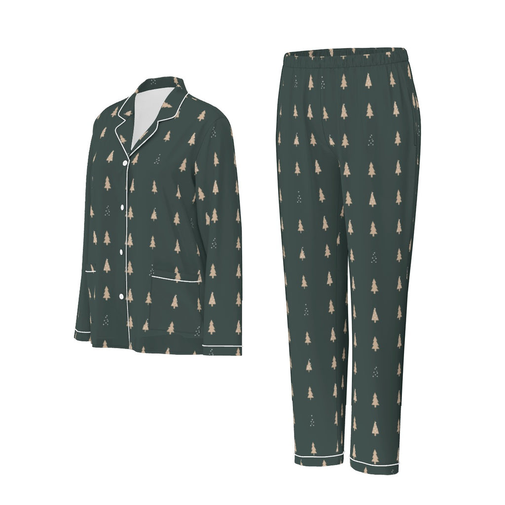 Women's Forest Green Christmas Tree Silky Long Sleeve Pajama Set