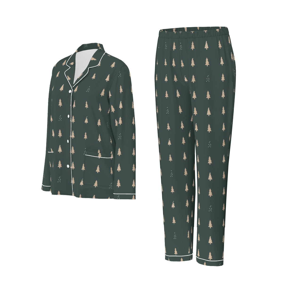 Women's Forest Green Christmas Tree Silky Long Sleeve Pajama Set