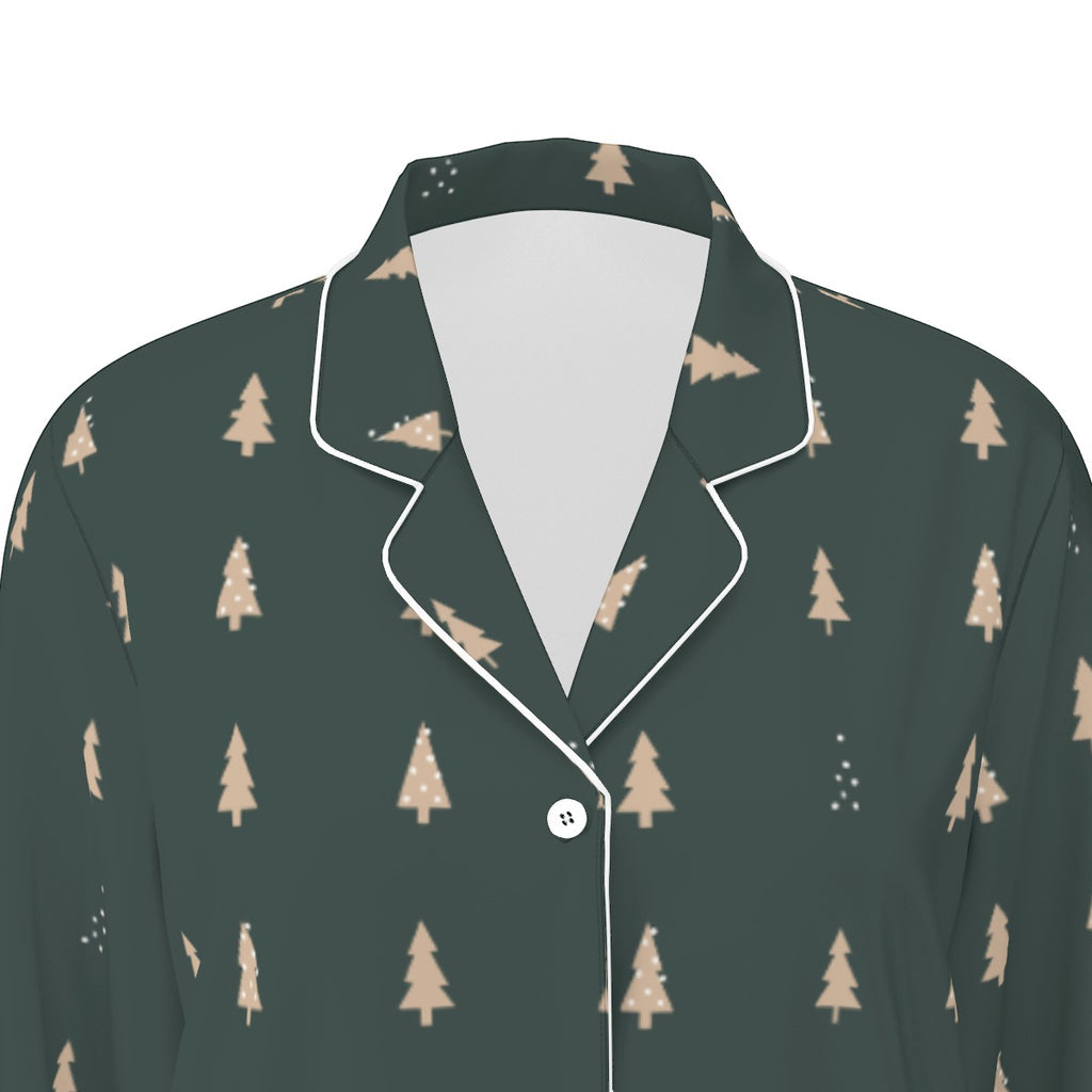 Women's Forest Green Christmas Tree Silky Long Sleeve Pajama Set