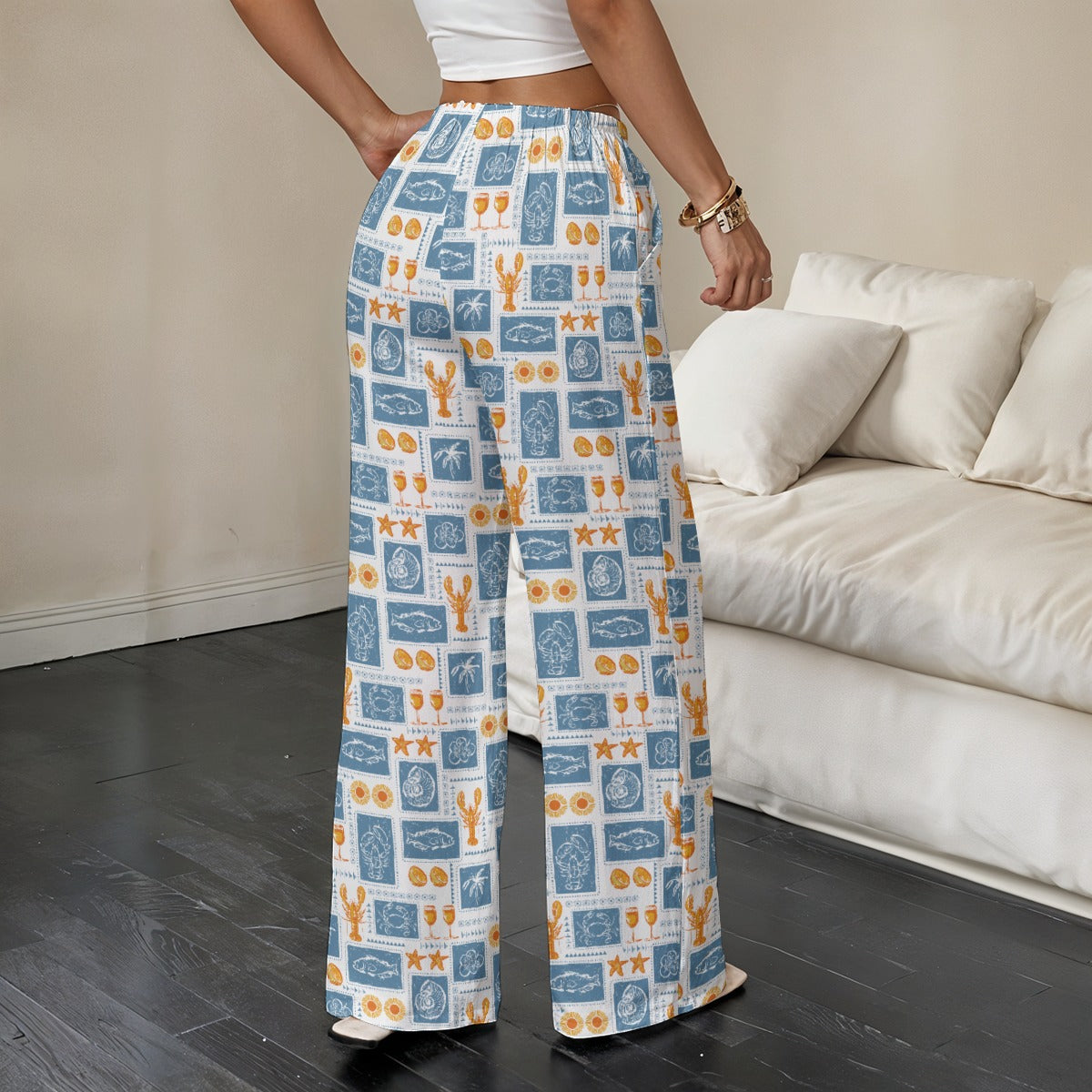Coastal Lobster Stamp Relaxed Straight-Leg Pants | Women's Lightweight Beach Lounge Pants