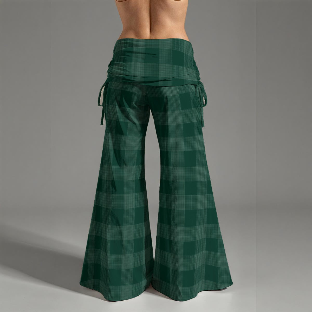 Women's Forest Green Plaid High Waist Wide Leg Pants