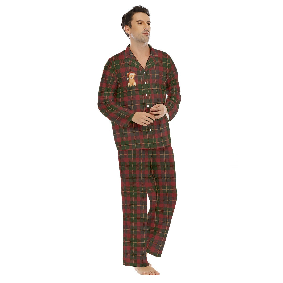 Men's Red & Green Christmas Plaid Teddy Bear Long Sleeve Pajama Set