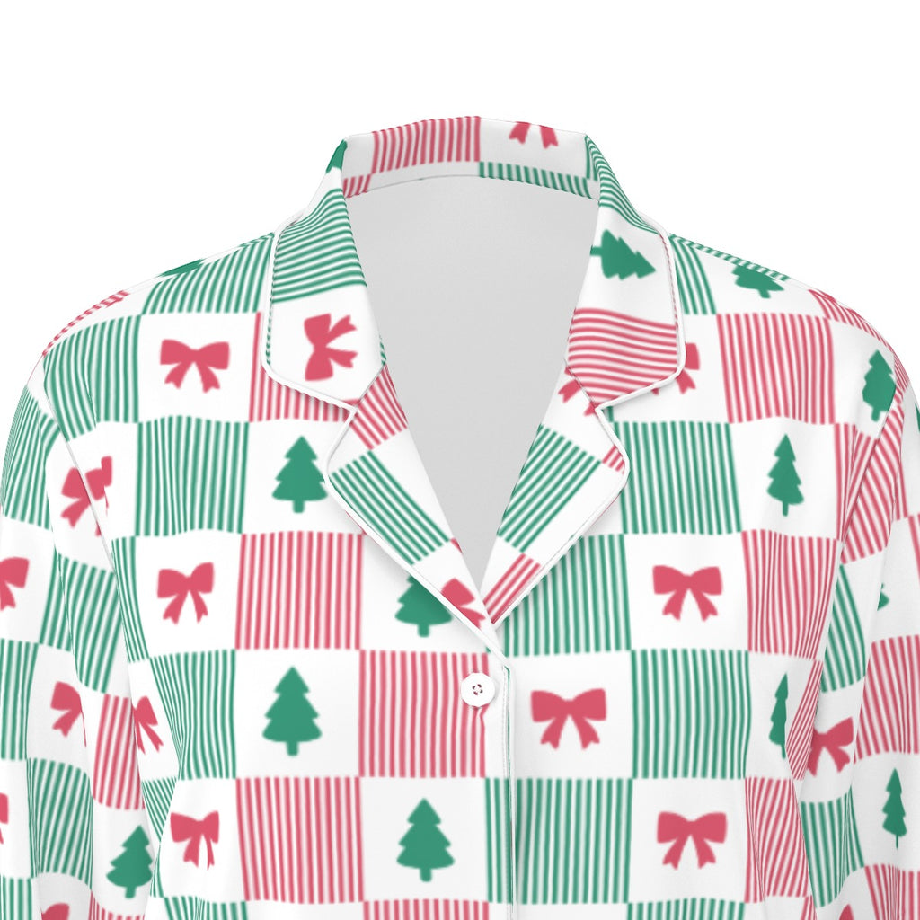 Women's Christmas Patchwork Bow & Tree Silky Long Sleeve Pajama Set