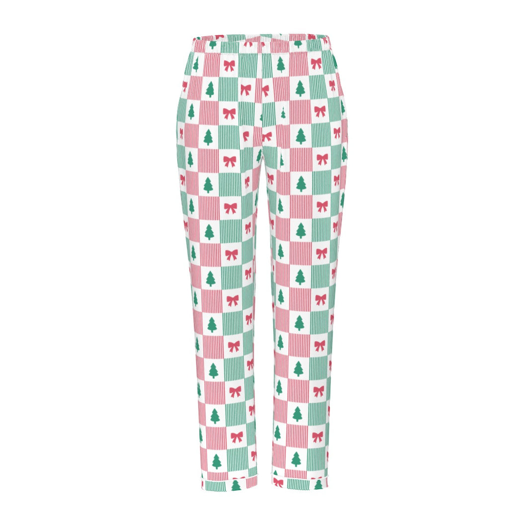 Women's Christmas Patchwork Bow & Tree Silky Long Sleeve Pajama Set