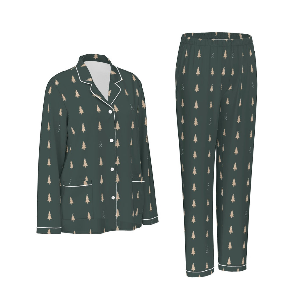 Women's Forest Green Christmas Tree Silky Long Sleeve Pajama Set