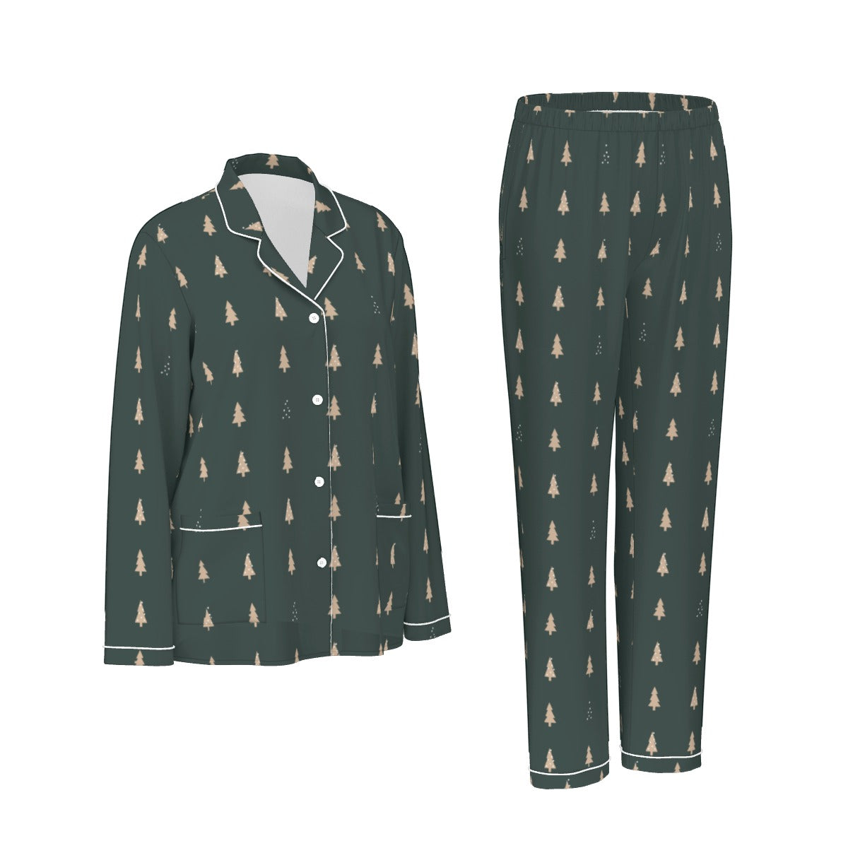 Women's Forest Green Christmas Tree Silky Long Sleeve Pajama Set