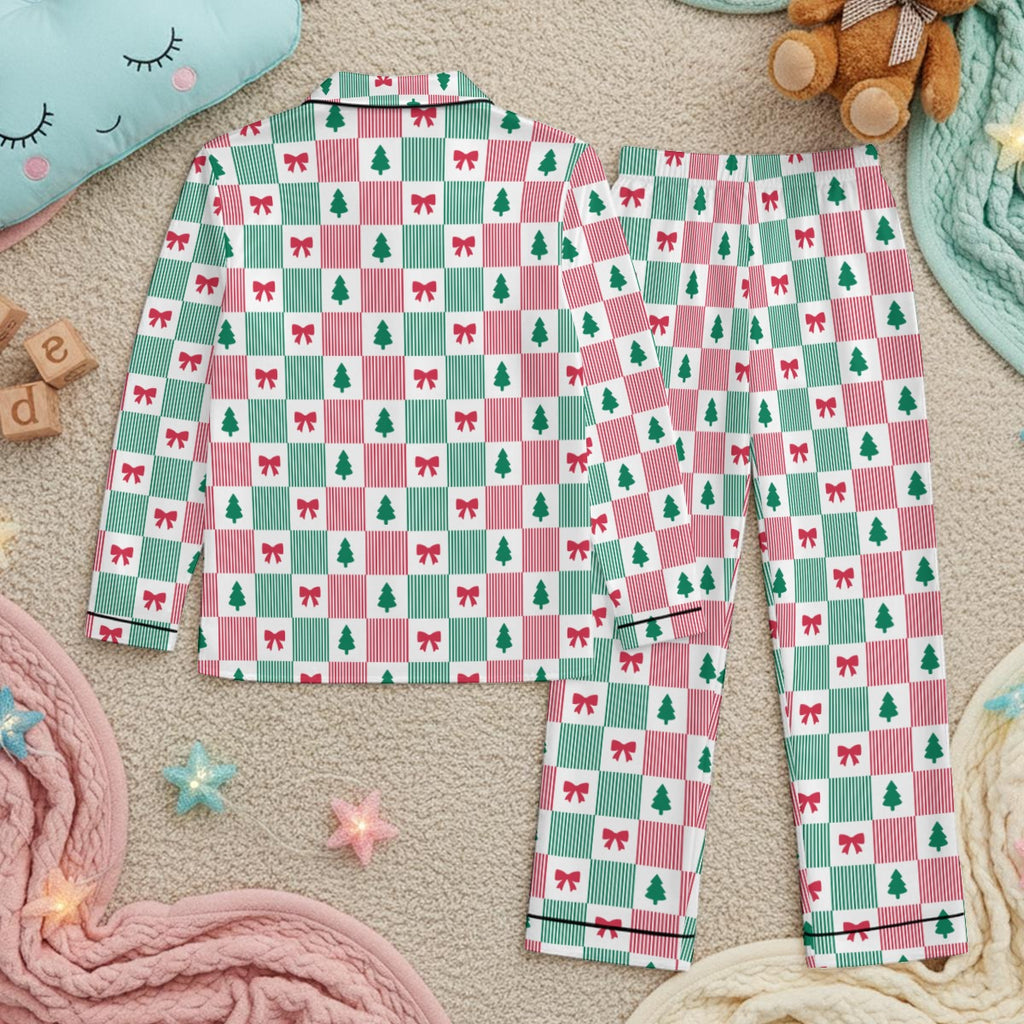 Kids Christmas Patchwork Bow & Tree Silky Long Sleeve Pajama Set