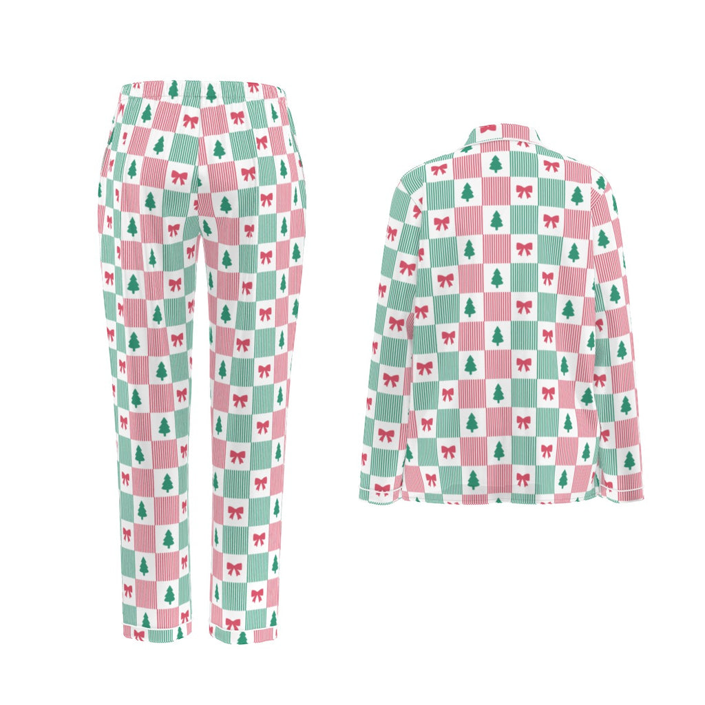 Women's Christmas Patchwork Bow & Tree Silky Long Sleeve Pajama Set