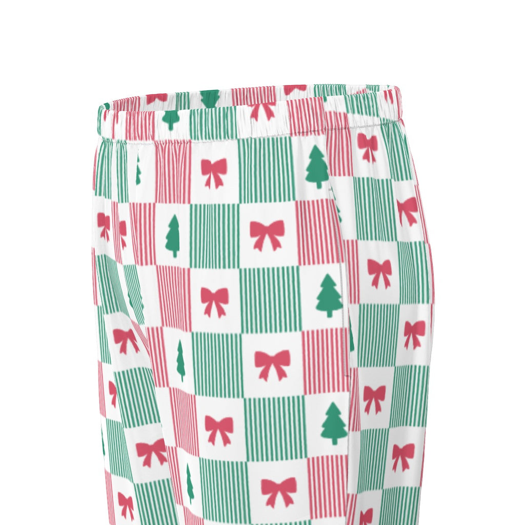 Women's Christmas Patchwork Bow & Tree Silky Long Sleeve Pajama Set