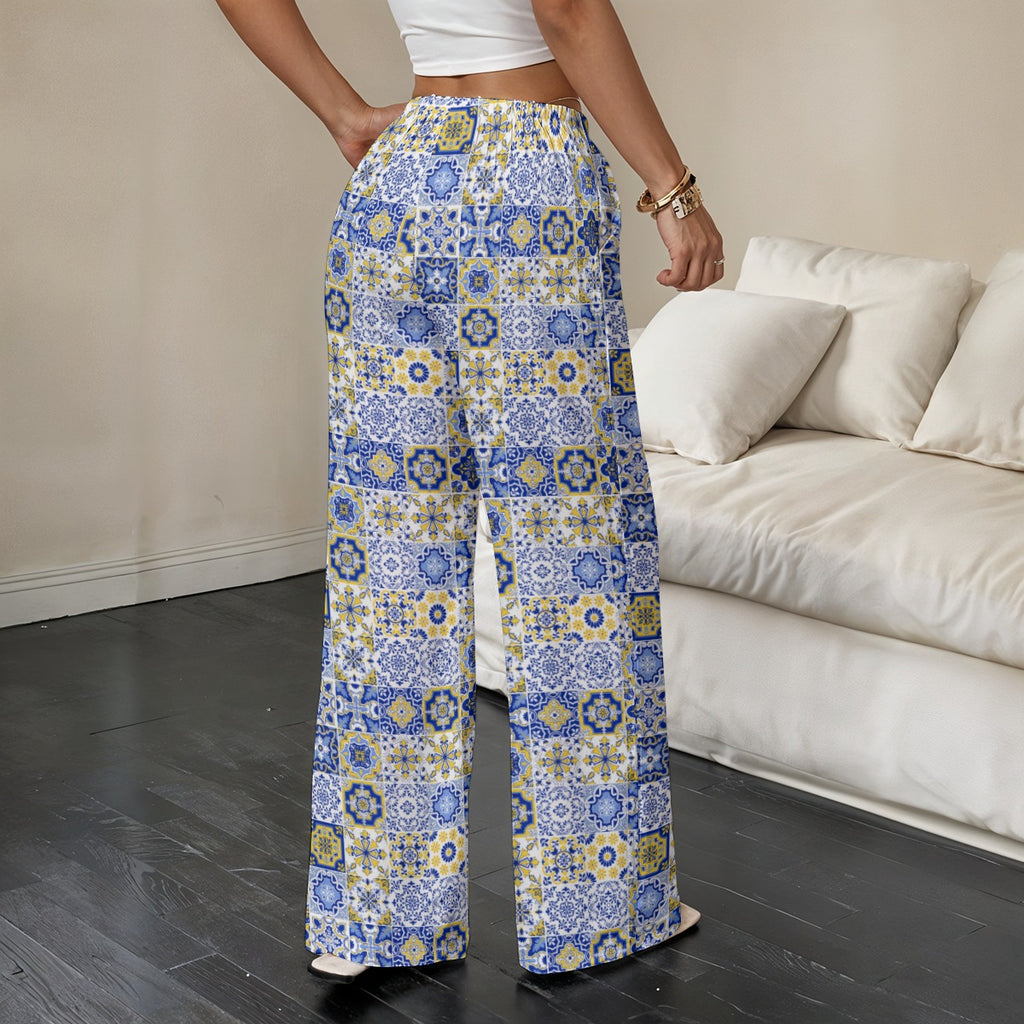 Mediterranean Mosaic Relaxed Straight-Leg Pants | Women's Lightweight Beach Lounge Pants