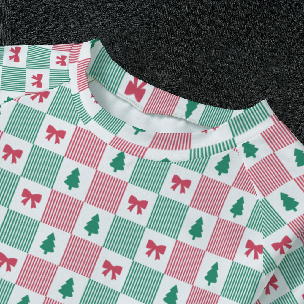 Kids Christmas Patchwork Bow & Tree Soft-Touch Long Sleeve Pajama Set
