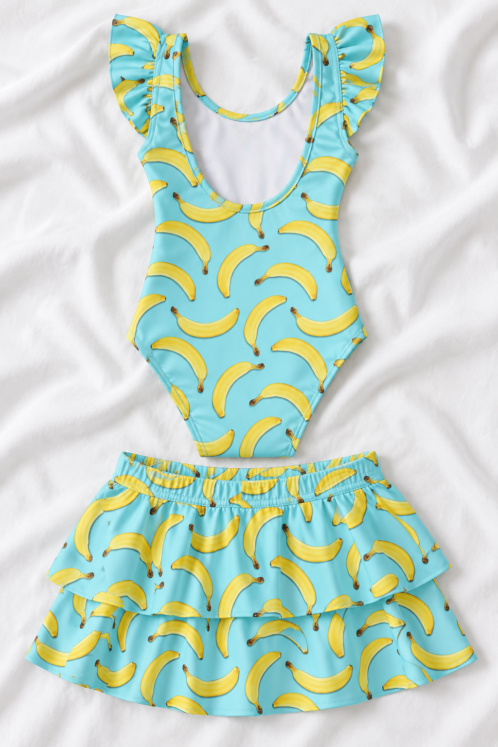 Banana Print Girls’ Ruffle Swimsuit & Skirt Set – Kids Summer Swimwear