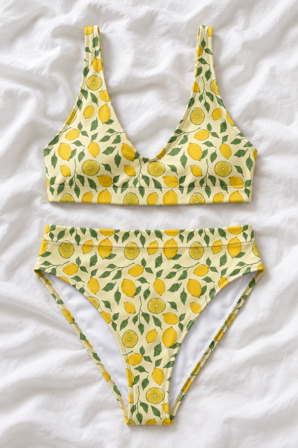 Lemon Grove High-Waisted Bikini Set | Yellow Lemon Print Two-Piece Swimsuit | Mediterranean Summer Swimwear
