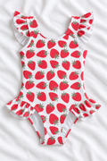 Strawberry Girls’ Ruffle Swimsuit – Kids Fruit Print One Piece Swimwear