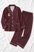 Burgundy Plaid Teddy Bear Silky Long Sleeve Pajama Set
