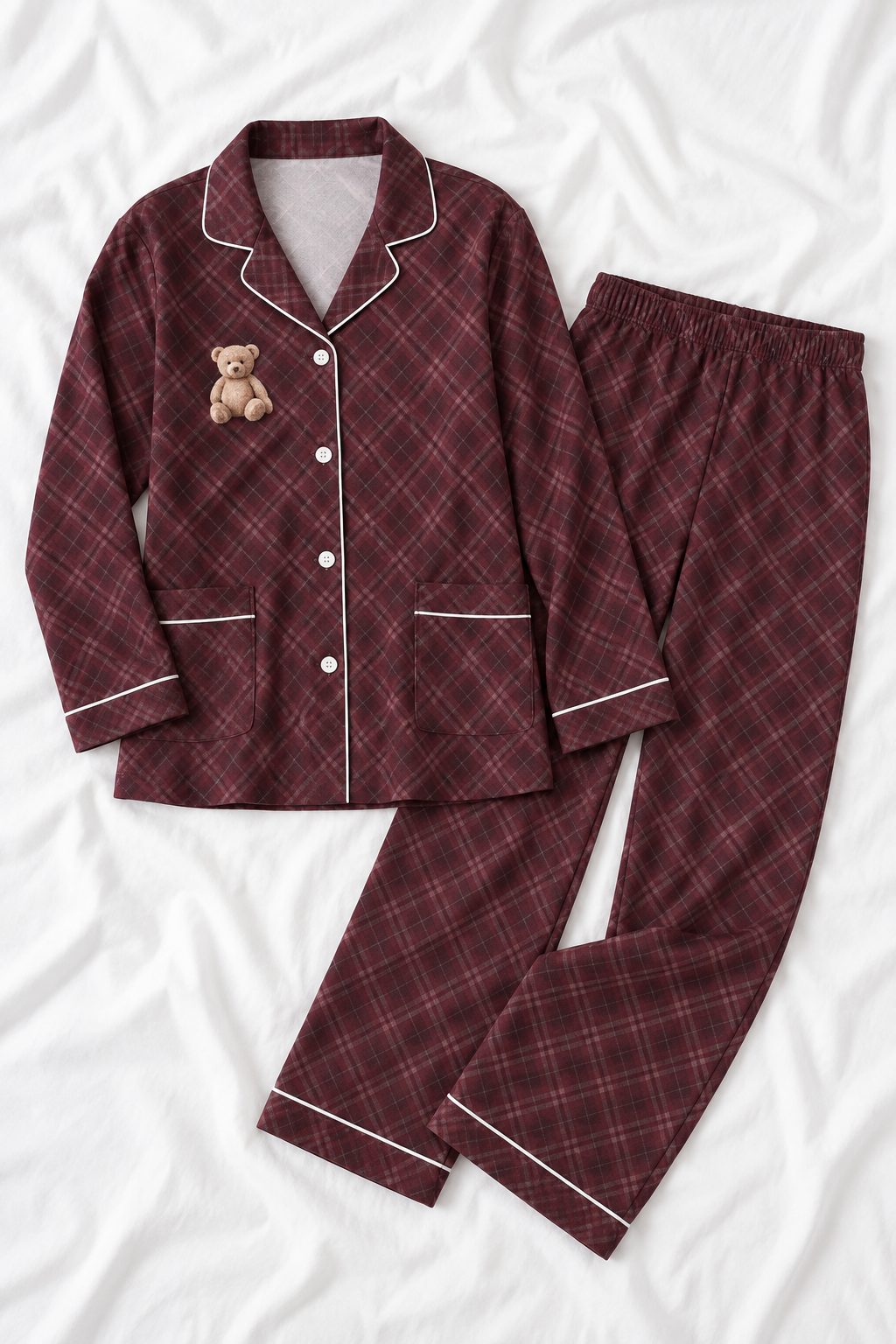 Burgundy Plaid Teddy Bear Silky Long Sleeve Pajama Set