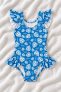 Blue Hawaiian Print Girls’ Ruffle Swimsuit – Kids Tropical One Piece Swimwear