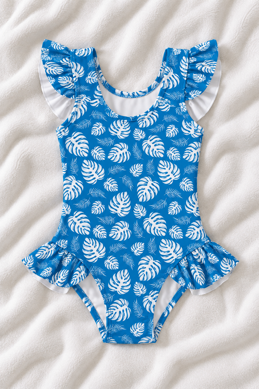 Blue Hawaiian Print Girls’ Ruffle Swimsuit – Kids Tropical One Piece Swimwear
