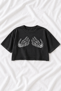 Skeleton Hands Snow Washed Raw Edge Crop Top