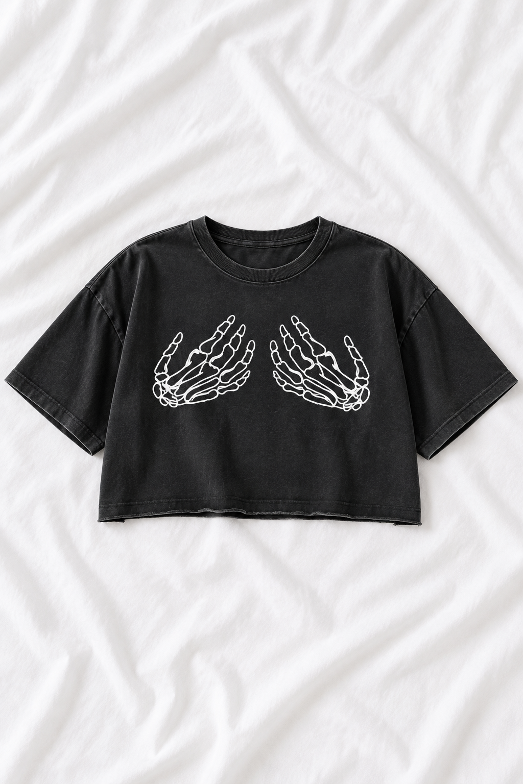 Skeleton Hands Snow Washed Raw Edge Crop Top
