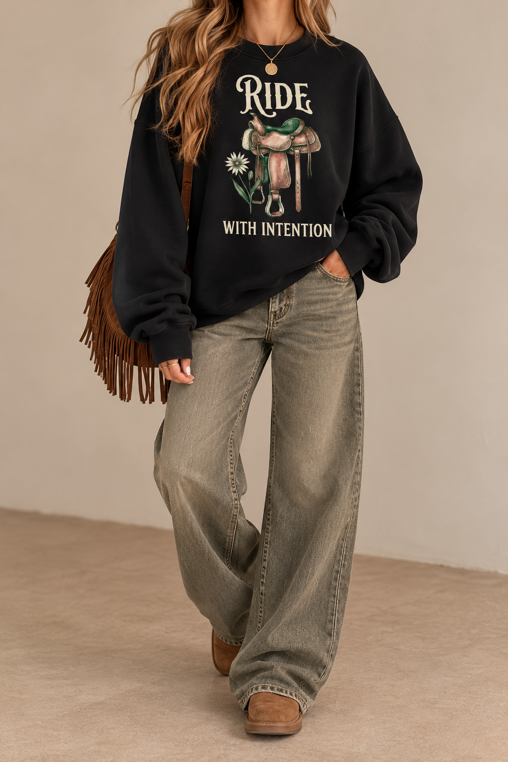 Ride With Intention Western Graphic Sweatshirt – Vintage Cowgirl Crewneck
