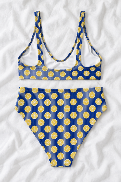 Amalfi Lemon High-Waisted Bikini Set | Blue Striped Citrus Print Two-Piece Swimsuit | Italian Summer Swimwear