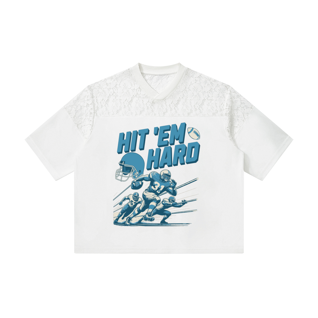 Hit 'Em Hard Lace Jersey Tee | Women's Blue & Silver Game Day Football Shirt