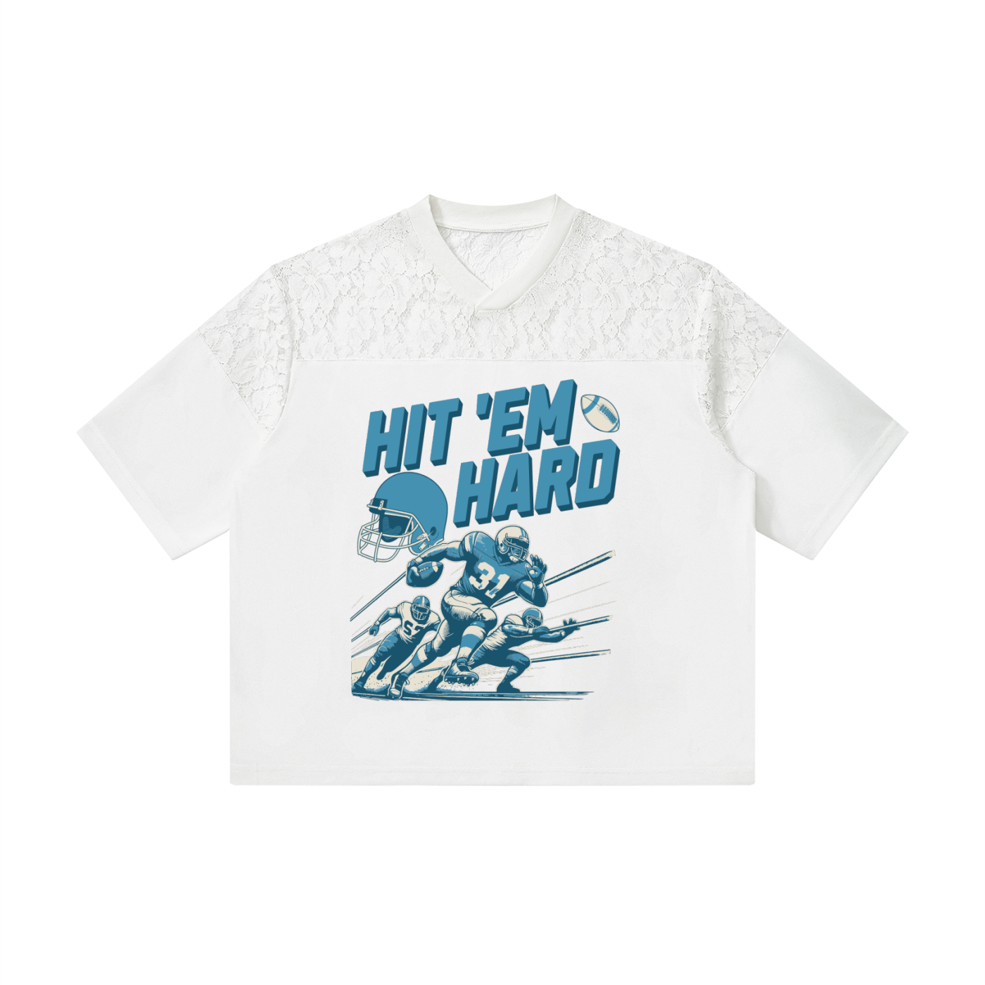 Hit 'Em Hard Lace Jersey Tee | Women's Blue & Silver Game Day Football Shirt