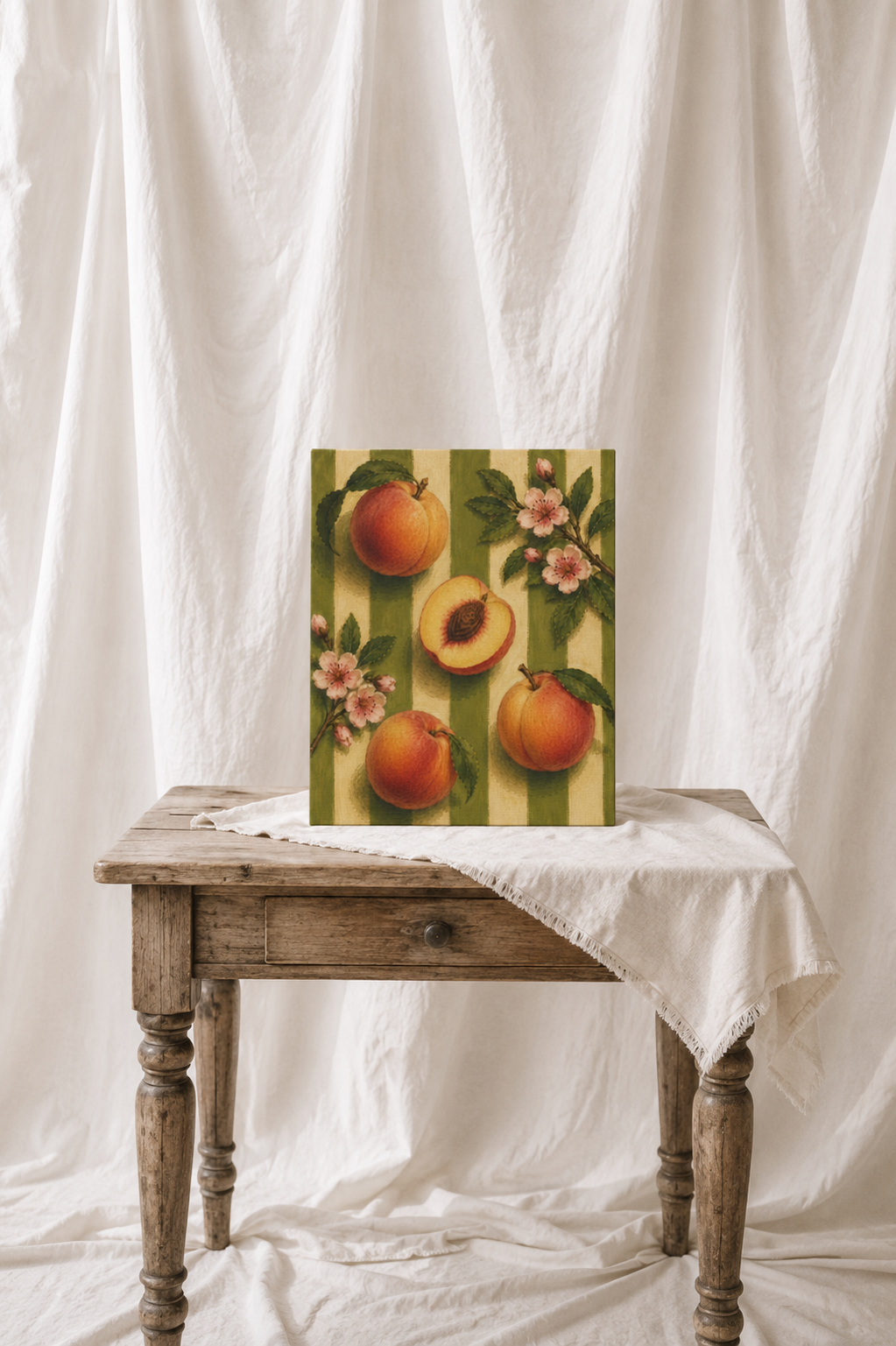 Vintage Peach Canvas Wall Art, French Country Kitchen Decor, Botanical Fruit Artwork, Farmhouse Cottagecore Stretched Canvas