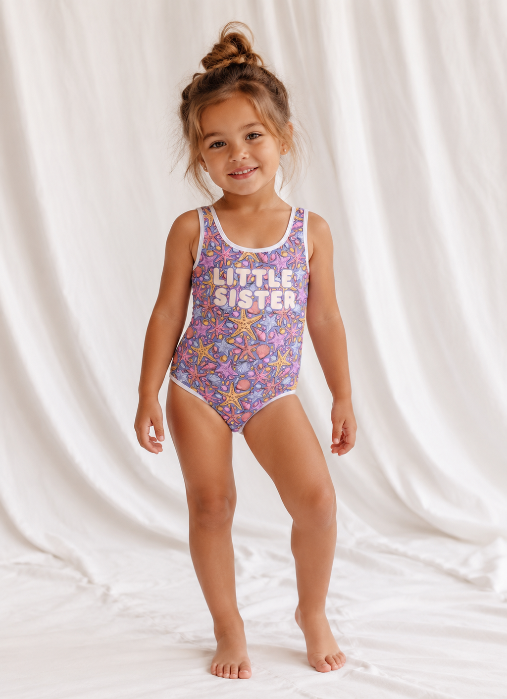 Little Kids Little Sister Mermaid One Piece Swimsuit | Girls Matching Family Swimwear
