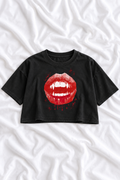Vampire Lips Snow Washed Raw Edge Halloween Crop Top