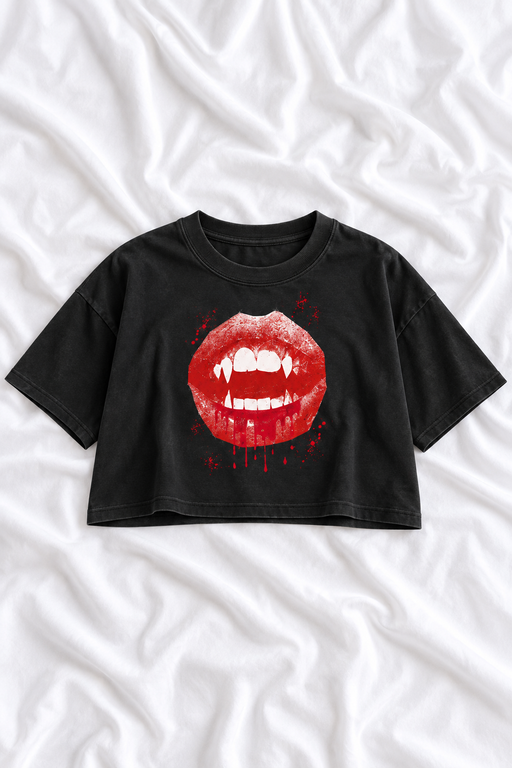 Vampire Lips Snow Washed Raw Edge Halloween Crop Top