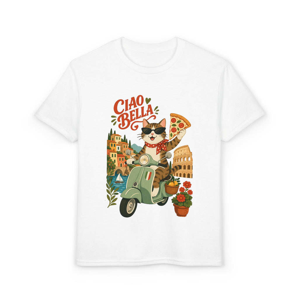 Youth T-Shirt — Ciao Bella Pizza Scooter Cat Graphic