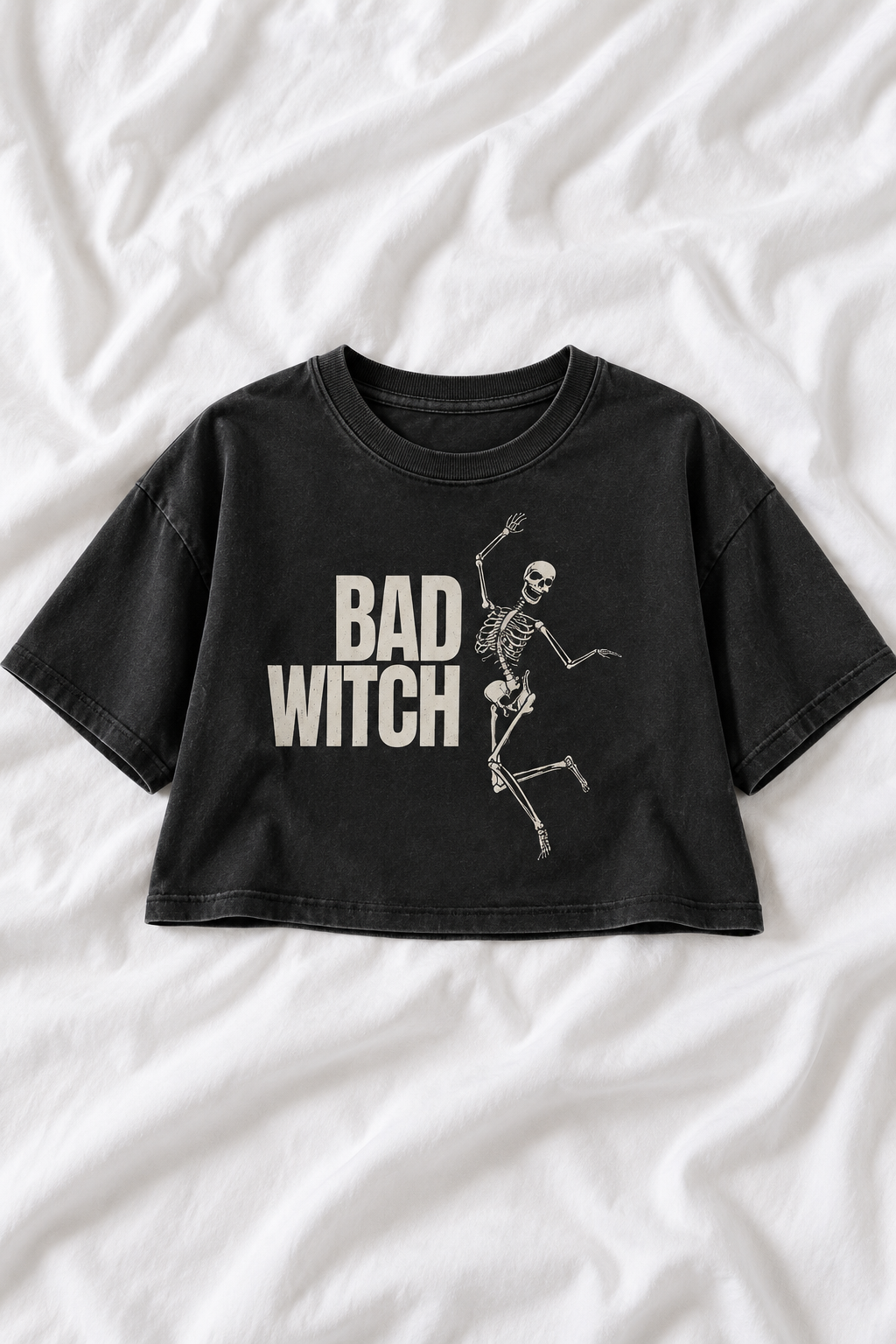 Bad Witch Skeleton Snow Washed Raw Edge Crop Top