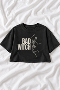 Bad Witch Skeleton Snow Washed Raw Edge Crop Top