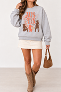 Austin Texas Cowgirl Graphic Fleece Side Slit Crewneck Sweatshirt – Western Rodeo Aesthetic