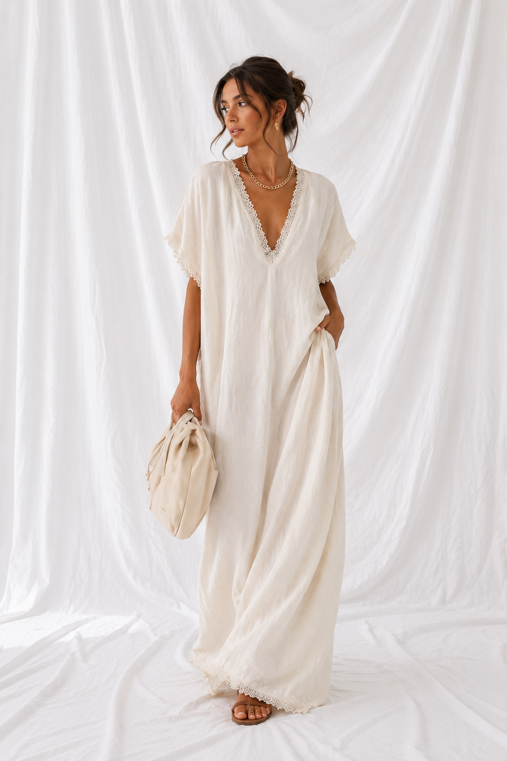 Full Size Lace Trim V-Neck Maxi Dress Plus Size